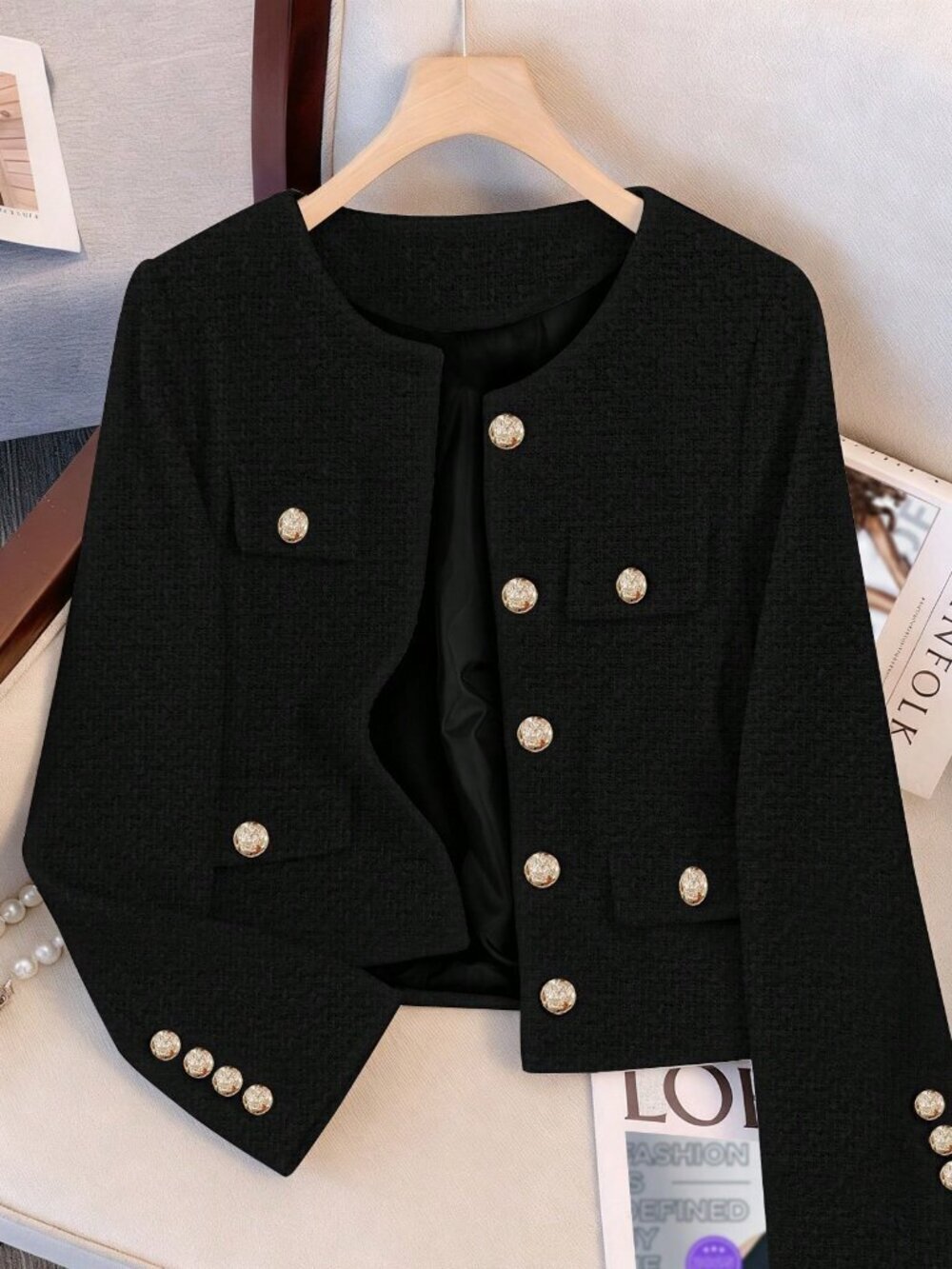 Black Elegant Women's Thin Front-Button Tweed Coat